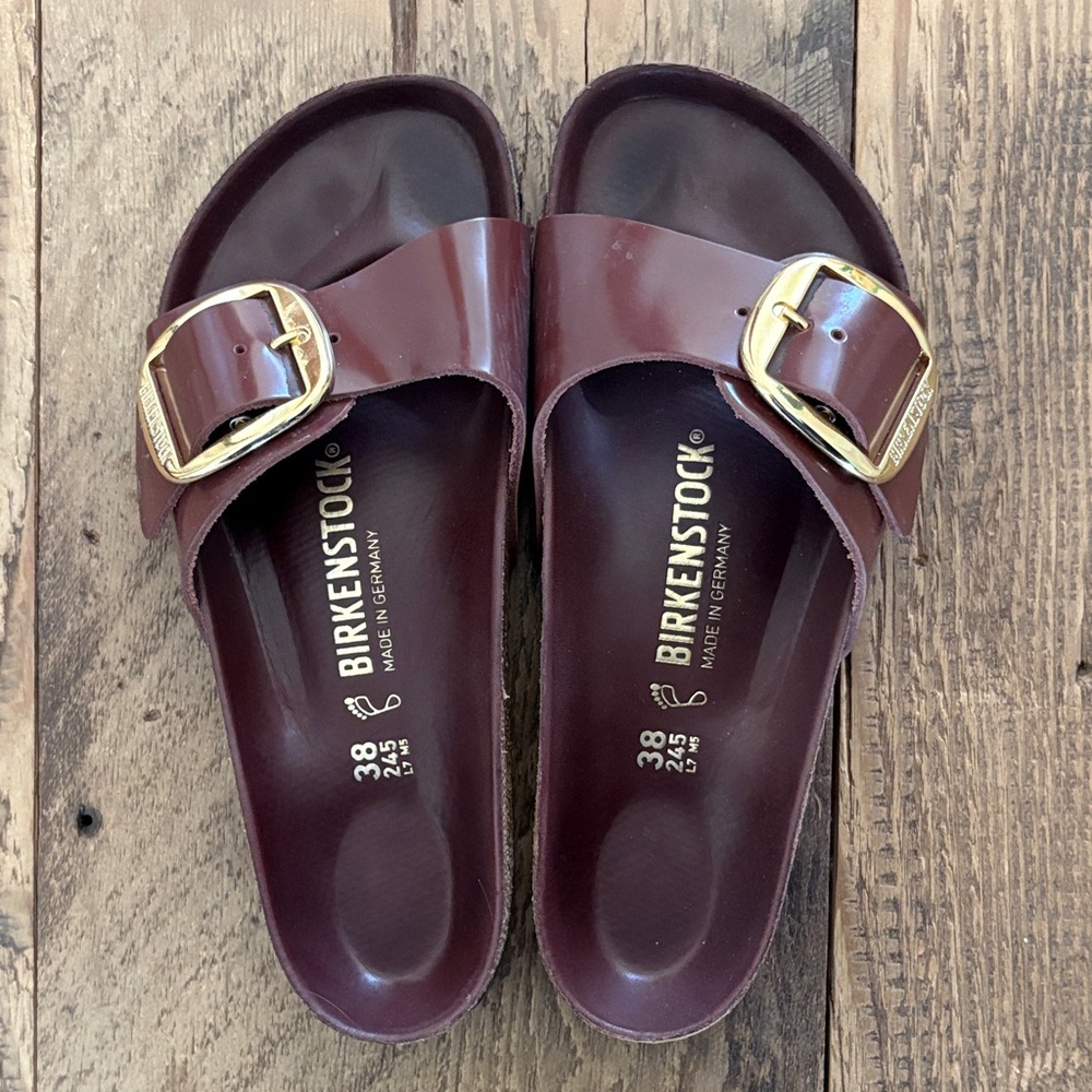 Birkenstock Burgundy Sandals with Gold Buckle